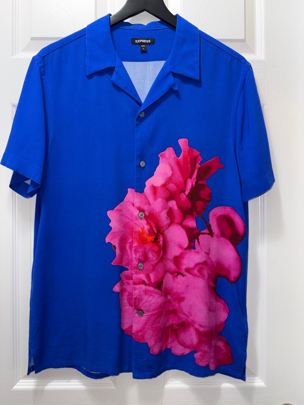 Express Royal Blue Short-Sleeve Button-Down Shirt with Pink Floral Accent